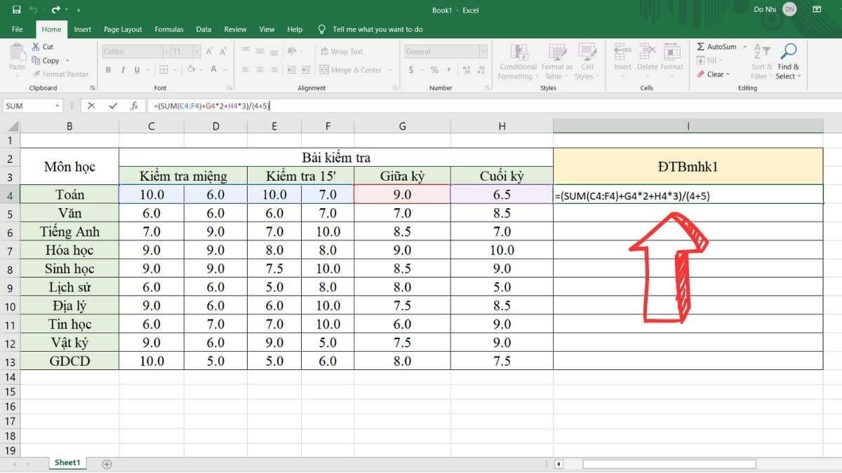 Hướng dẫn nhập công thức tính điểm trung bình môn học kỳ trên Excel